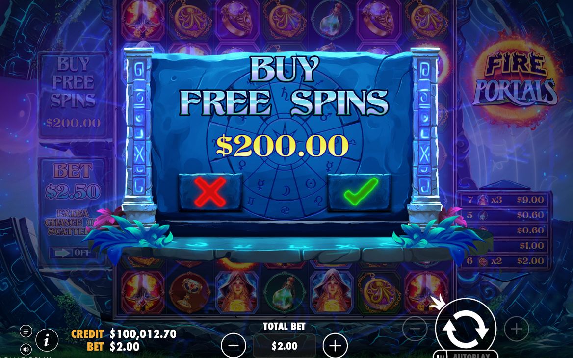 Bonus screen during a Fire Portals spin