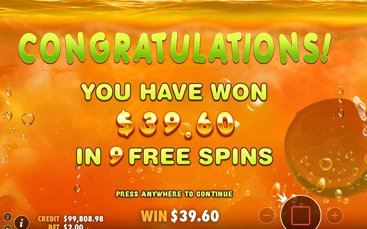 Win screen with paying symbols, read left to right